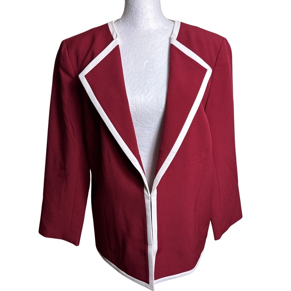 NWT Evan Picone Crimson Red Contrast Trim Blazer Old Money Open Front Jacket 10